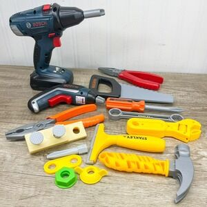 Bosch Stanley Jr Black & Decker Toy Tool Lot Power Drill Saw Hammer Pliers 15pc
